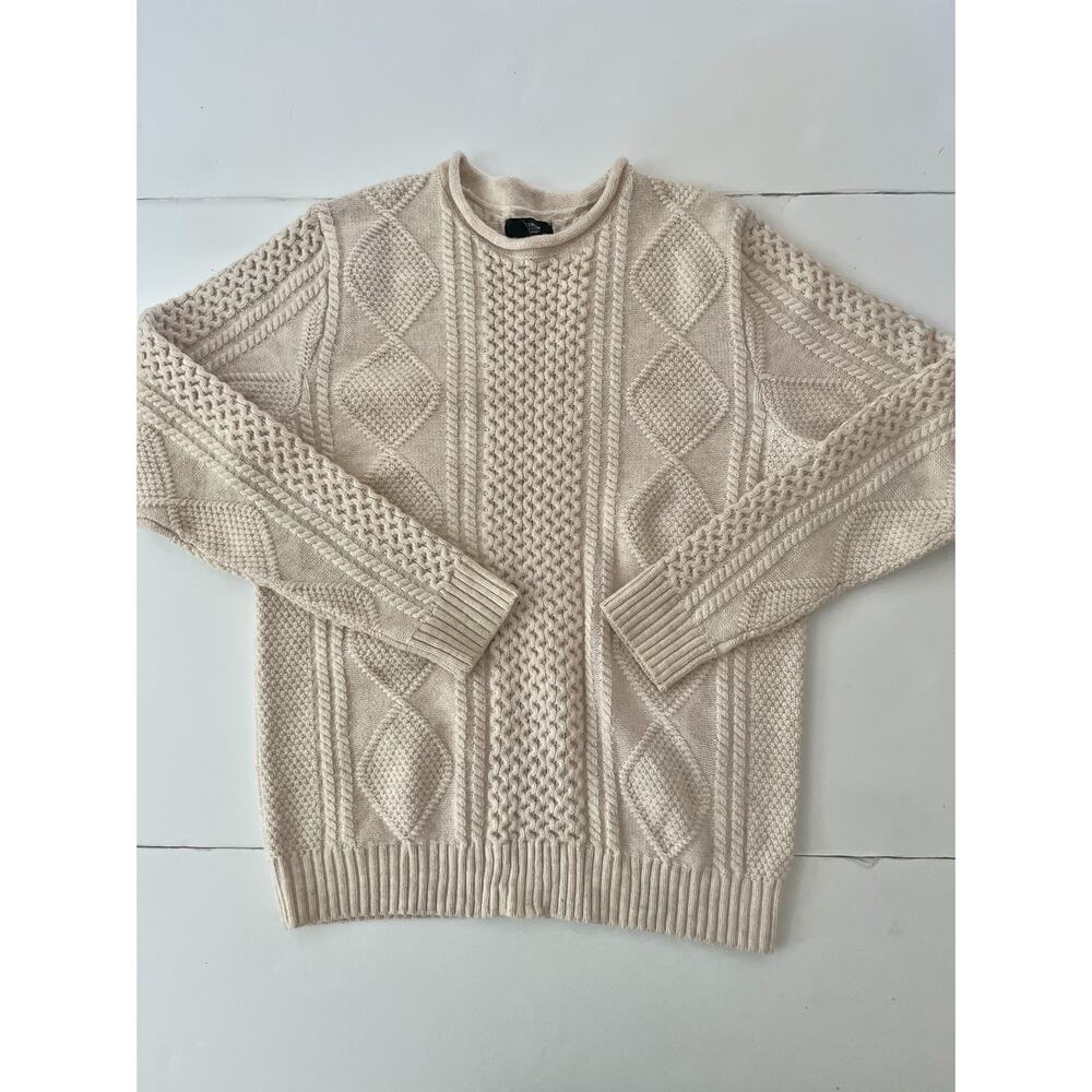 Nordstrom Men’s Shop Sweater Men M Cream Lambswool Cable Knit Fisherman Pullover
